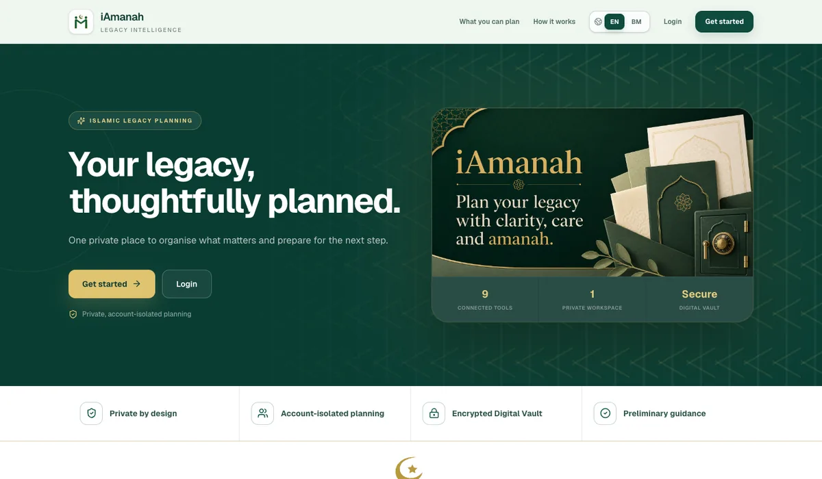 iAmanah landing page presenting private Islamic legacy planning tools