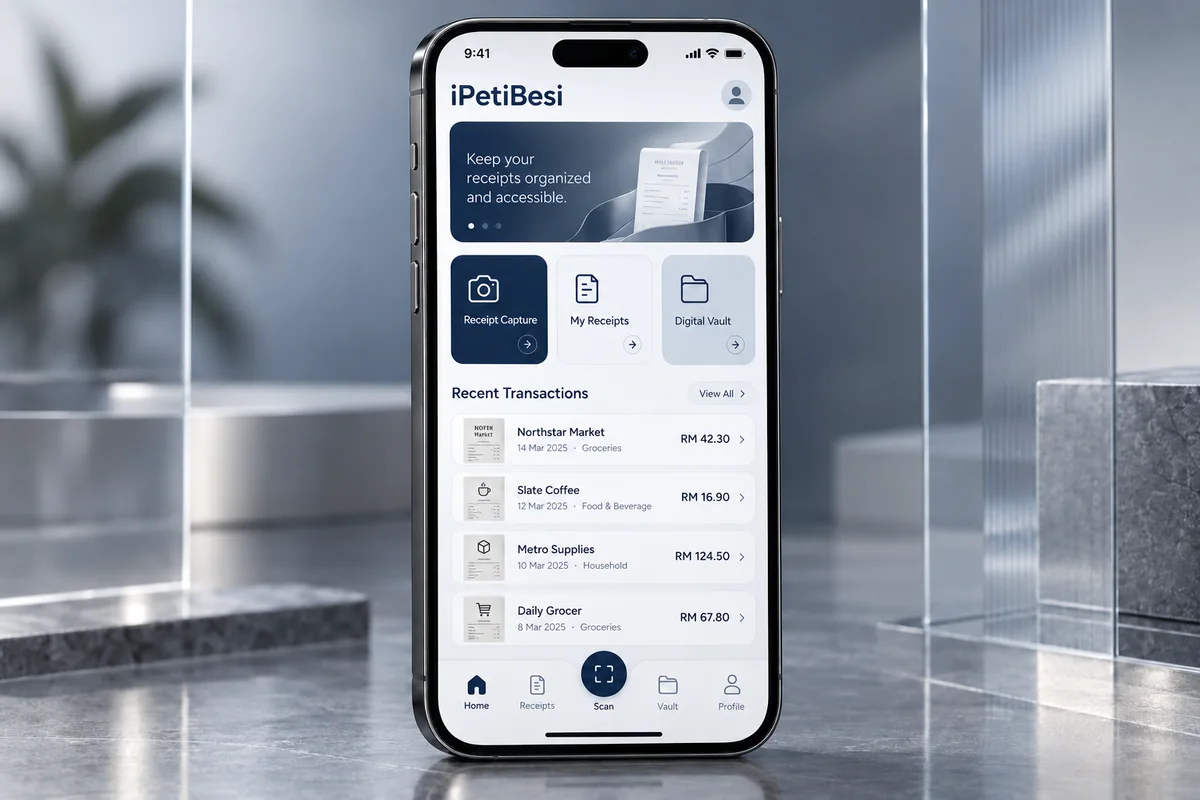 iPetiBesi mobile app dashboard displayed on a premium smartphone with receipt capture, receipts, digital vault and recent transactions