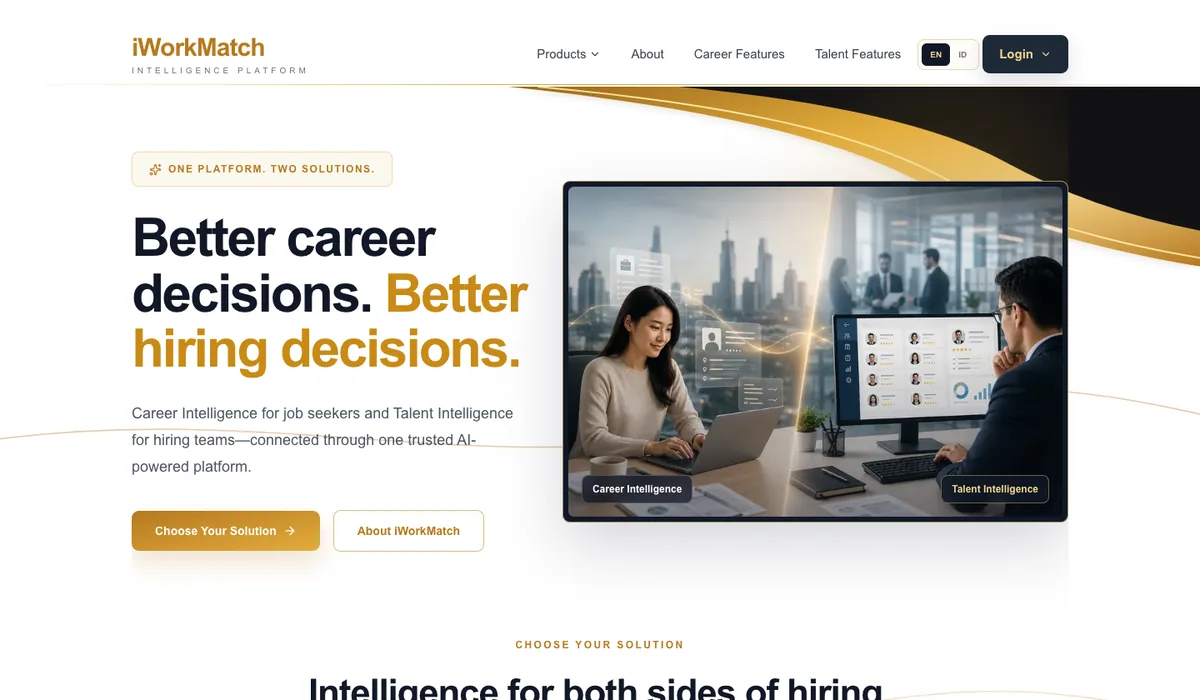 iWorkMatch landing page featuring Career Intelligence and Talent Intelligence solutions